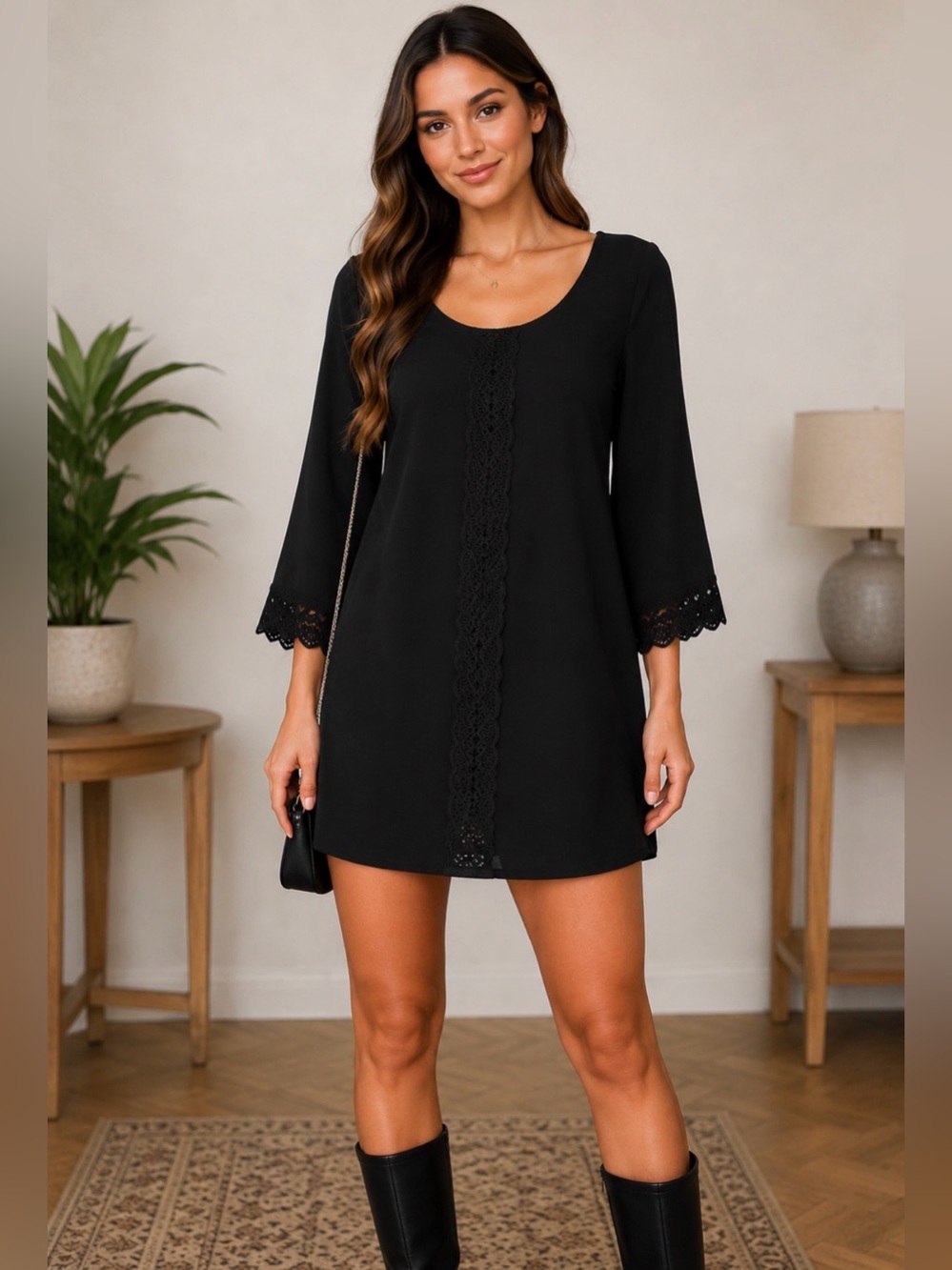 ASTR Black Lace Trim Bell Sleeve Shift Mini Dress XS